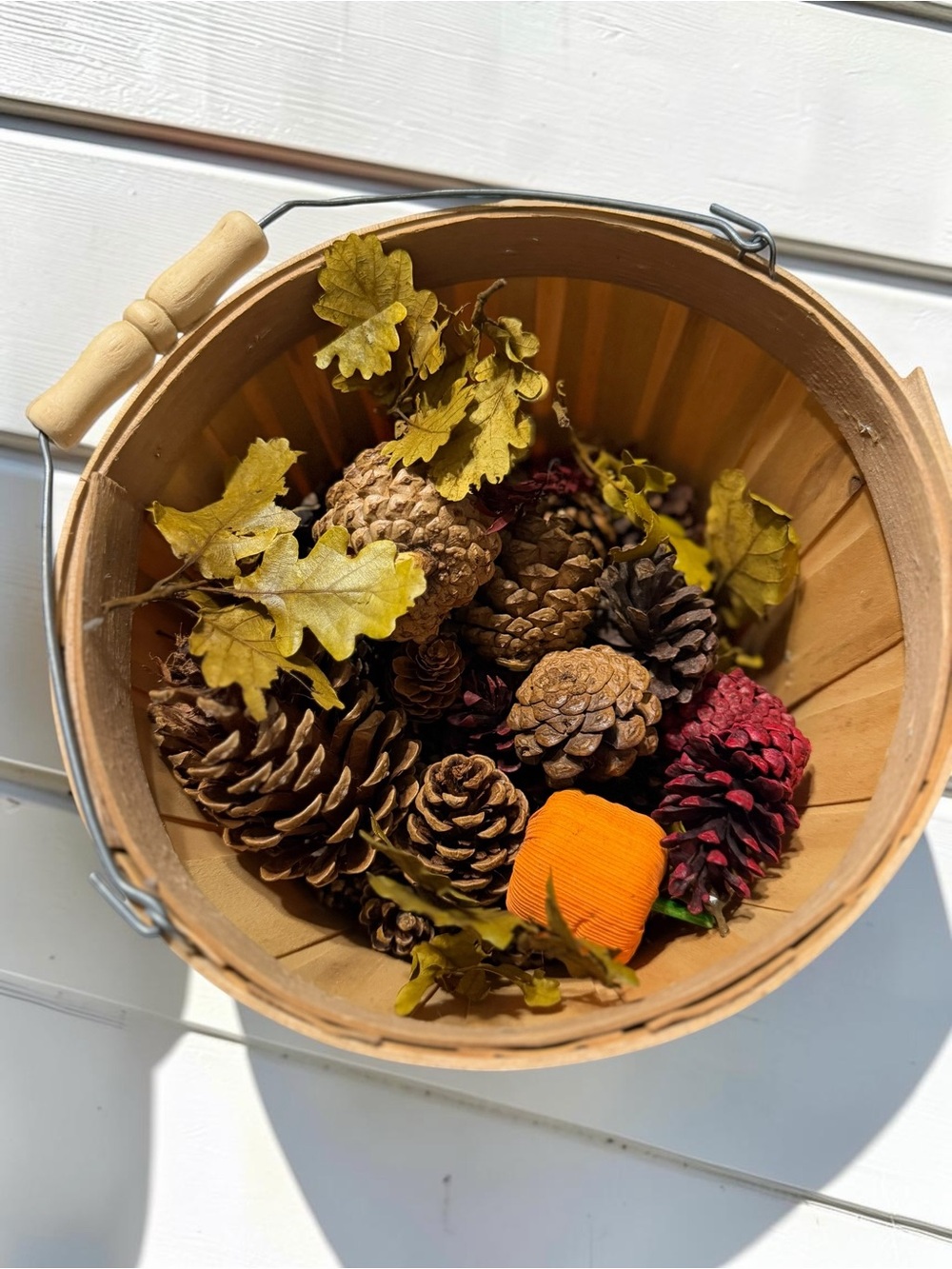 Wooden 9” Bushel Basket Fall Décor Pinecones Leaves